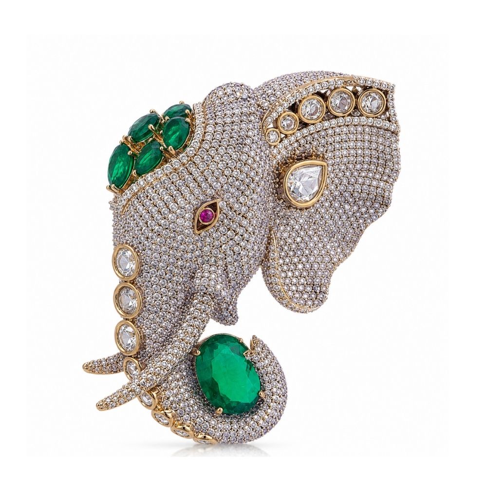 Gajraj- Men's Royal Elephant Brooch with Emerald Green Stones