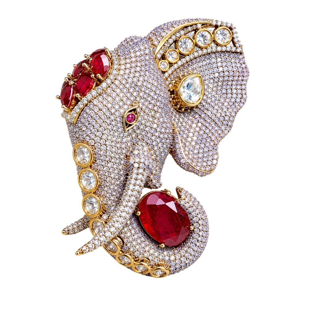 Gajraj- Men's Royal Elephant Brooch with Red Stones