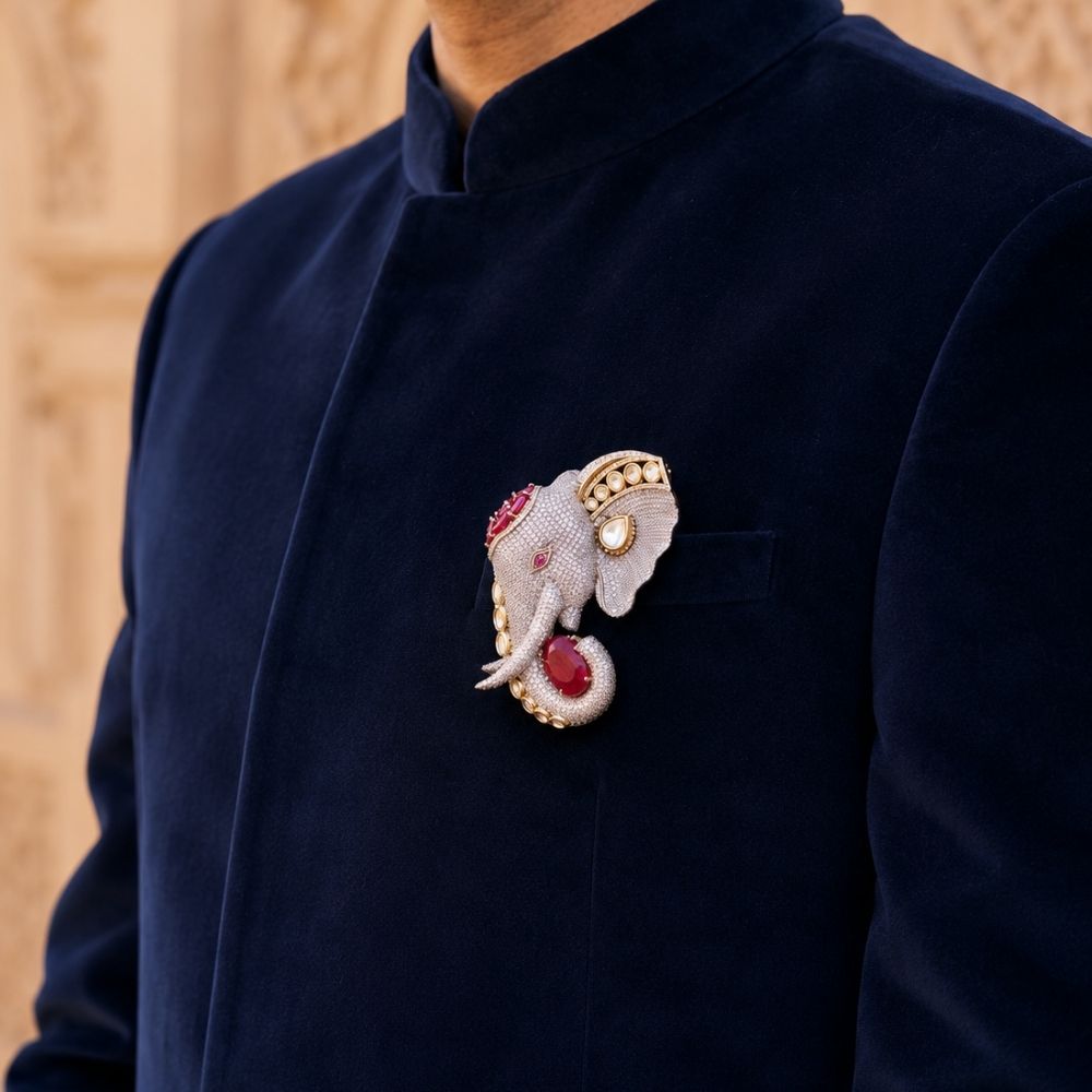 Gajraj- Men's Royal Elephant Brooch with Red Stones