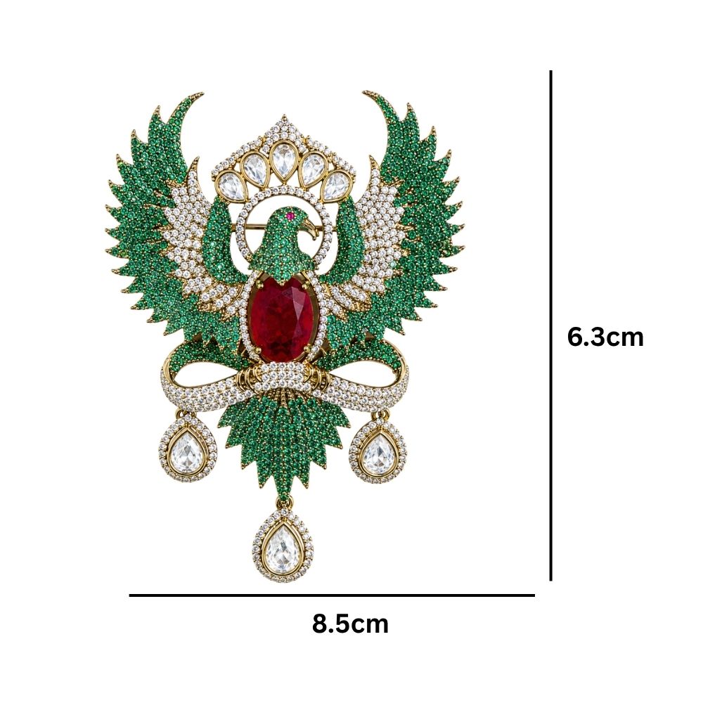 Jatayu- Men's Royal Green crystal Phoenix Brooch with Maroon Stone