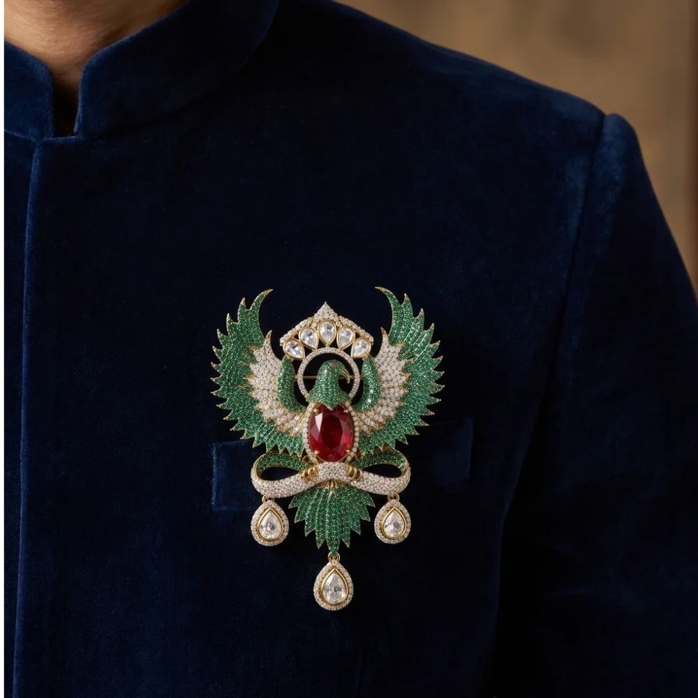 Jatayu- Men's Royal Green crystal Phoenix Brooch with Maroon Stone