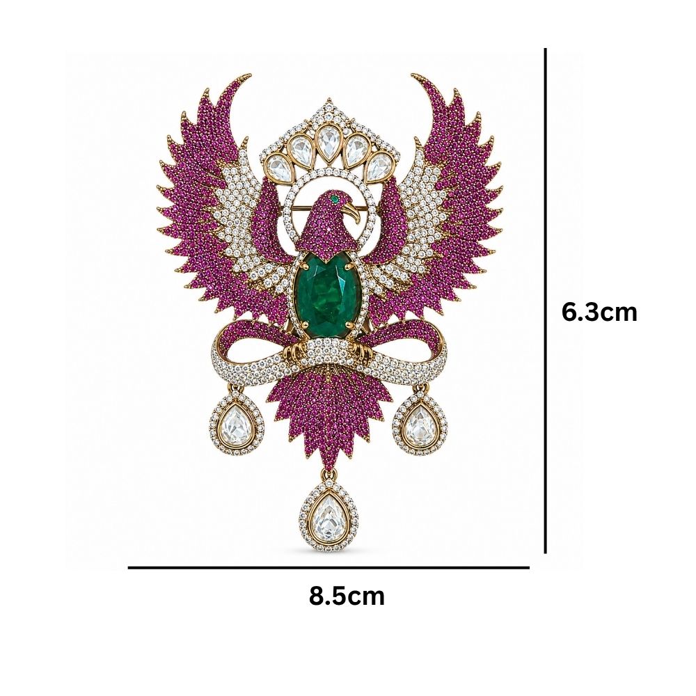 Jatayu- Men's Royal Pink crystal Phoenix Brooch with Green Stone