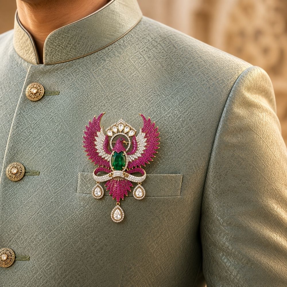 Jatayu- Men's Royal Pink crystal Phoenix Brooch with Green Stone
