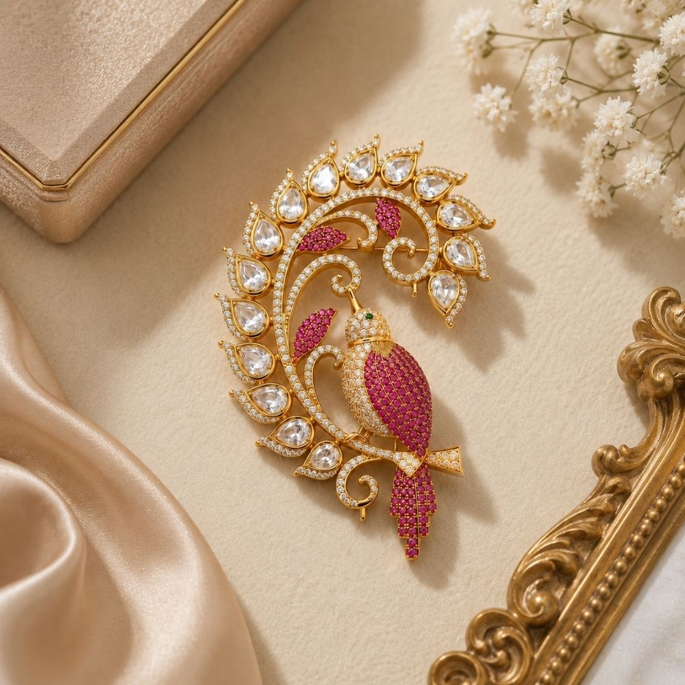 Shivnen-Men's Pink Designer Bird Motif Brooch