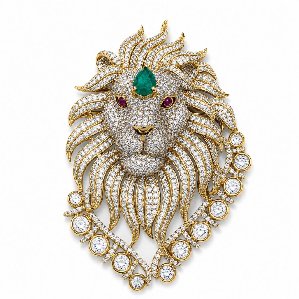 Yatharth- Royal Lion Brooch for Men with Green stone