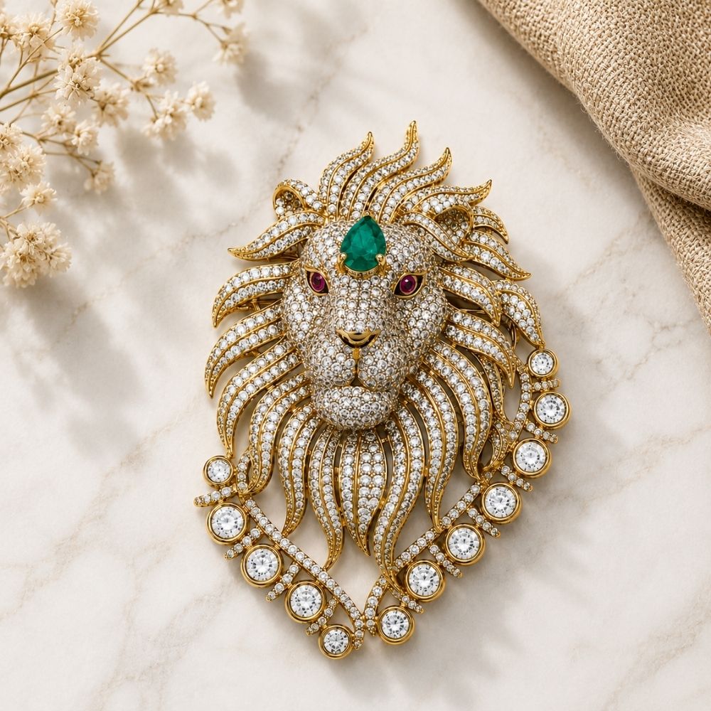 Yatharth- Royal Lion Brooch for Men with Green stone