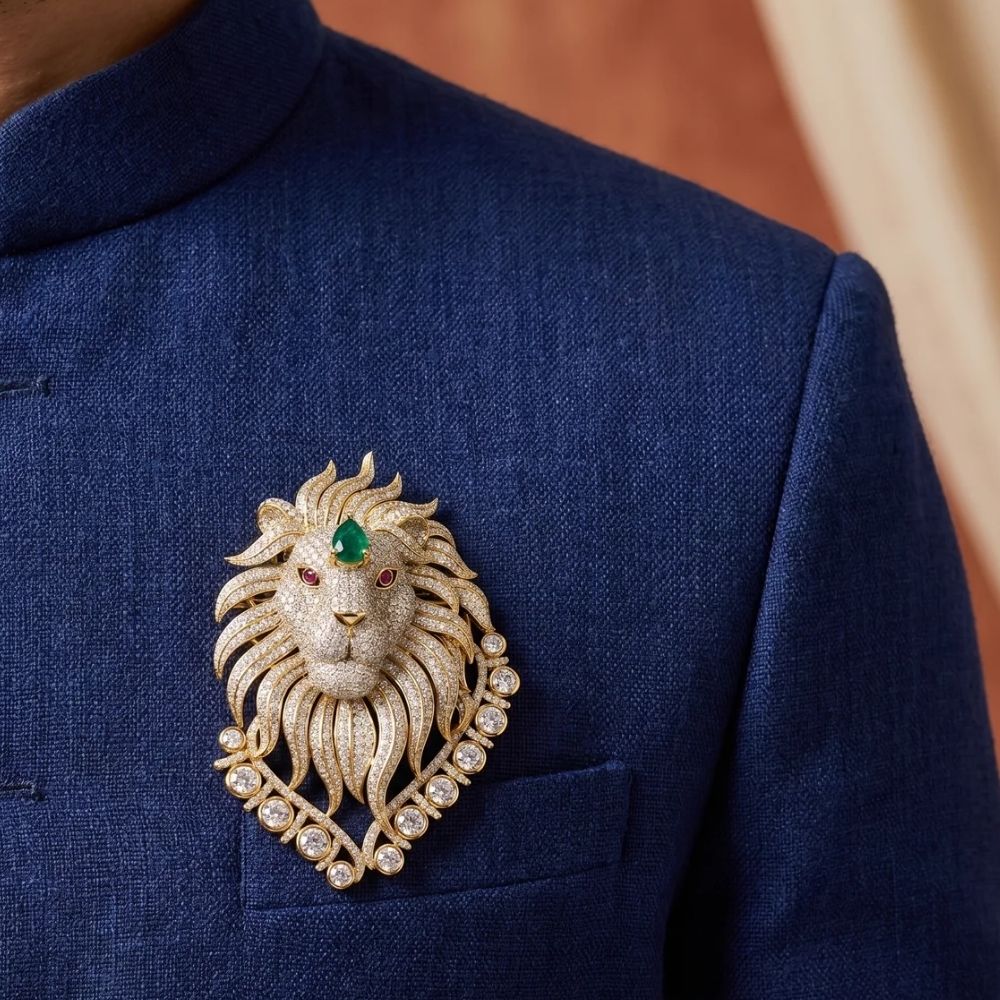 Yatharth- Royal Lion Brooch for Men with Green stone