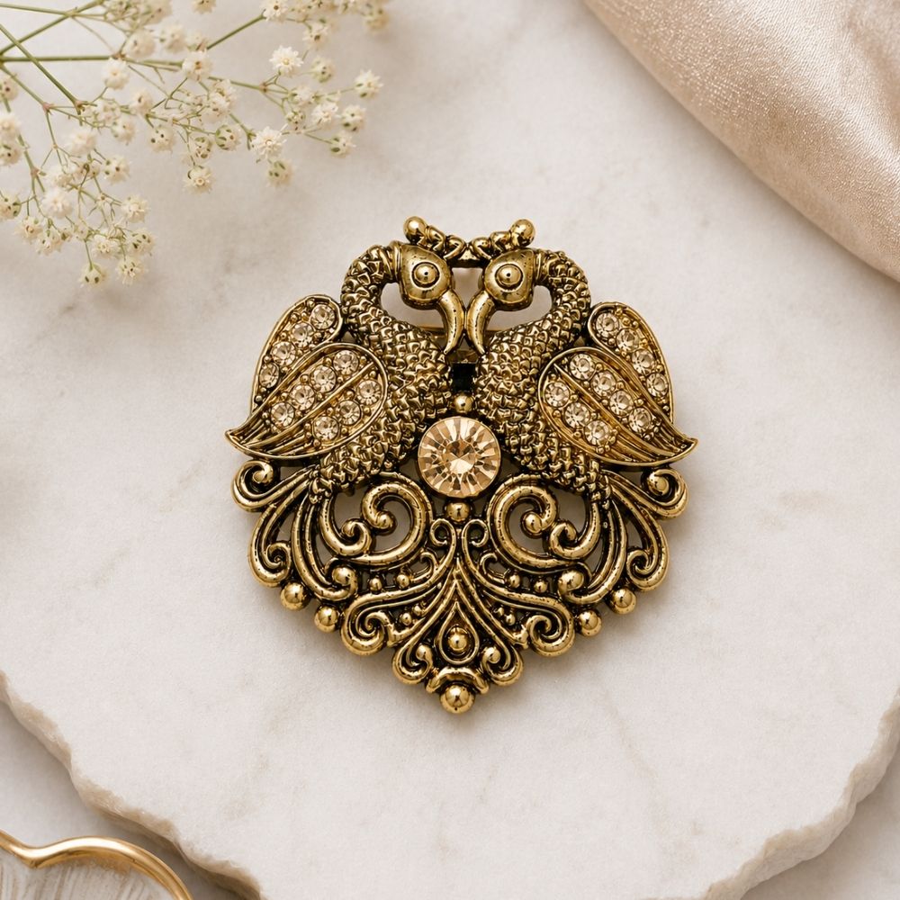 Vayu- Antique Swan Brooch with Gold Crystal Stones