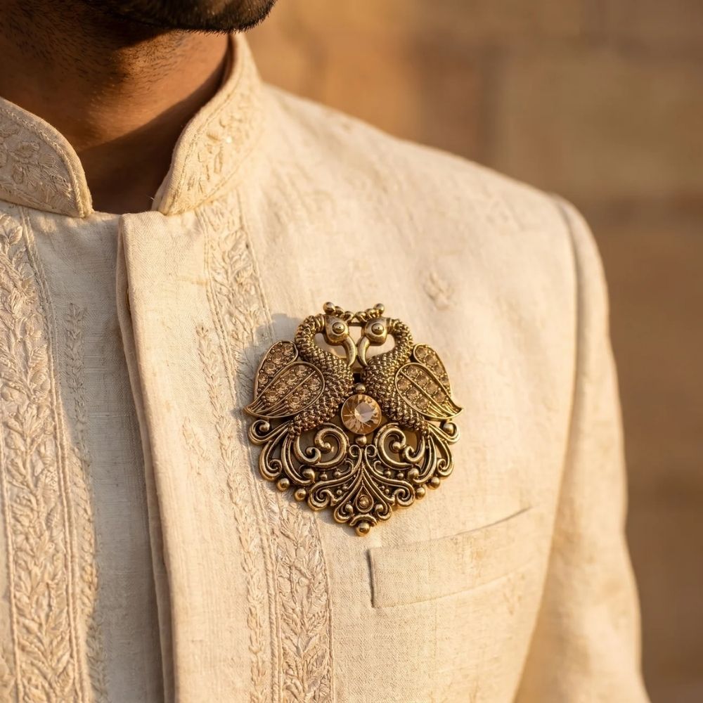 Vayu- Antique Swan Brooch with Gold Crystal Stones