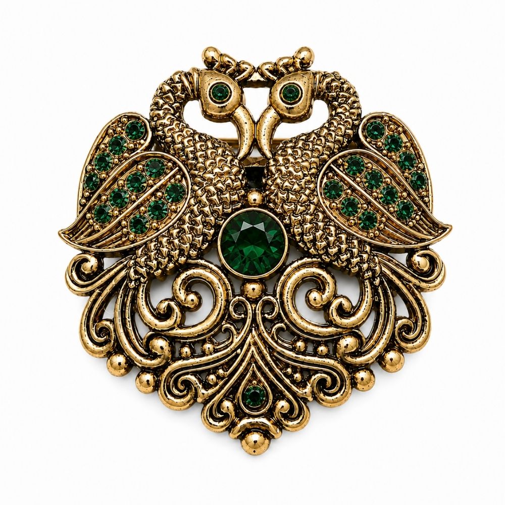 Vayu- Antique Swan Brooch with Green Crystal Stones