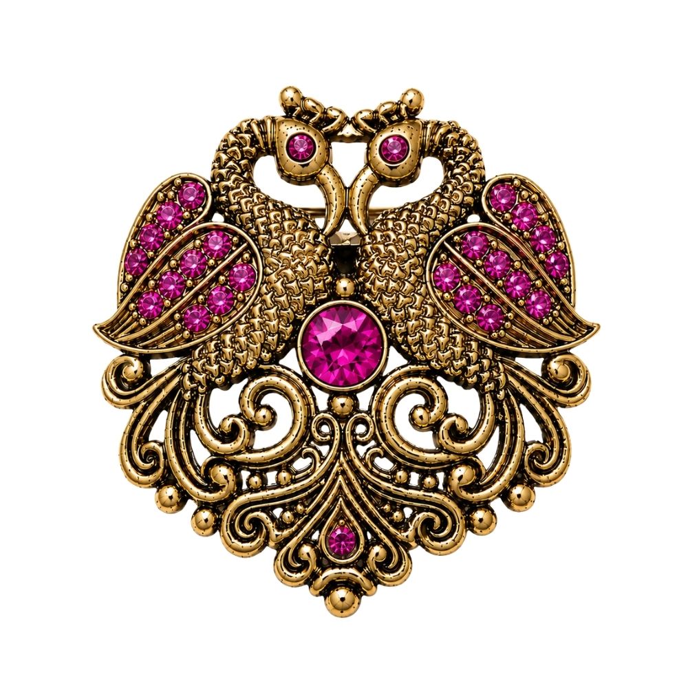 Vayu- Antique Swan Brooch with Pink Crystal Stones