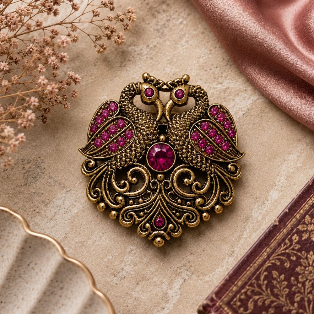 Vayu- Antique Swan Brooch with Pink Crystal Stones
