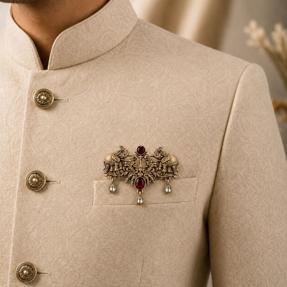 Aviraj-Regal Elephant Ruby-Style Heritage Brooch for Men