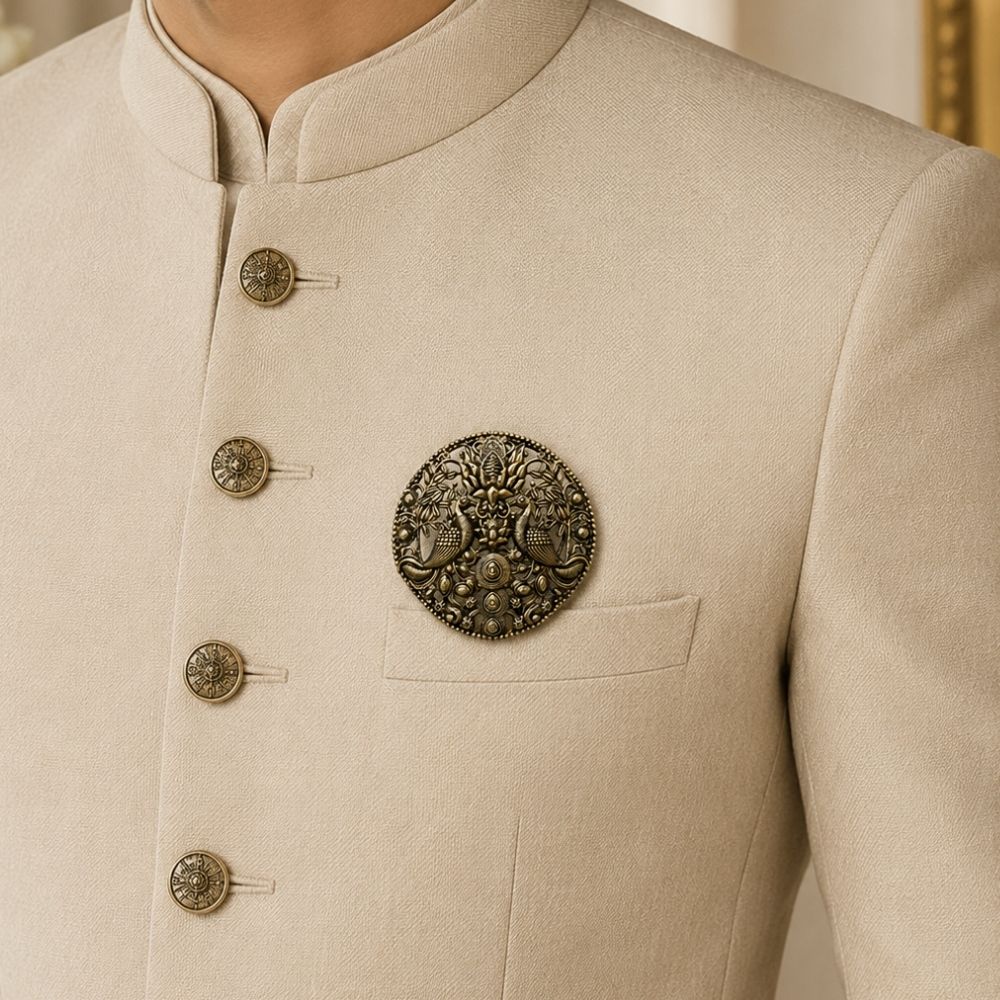 Veer-Antique Peacock Floral Medallion Brooch for Men
