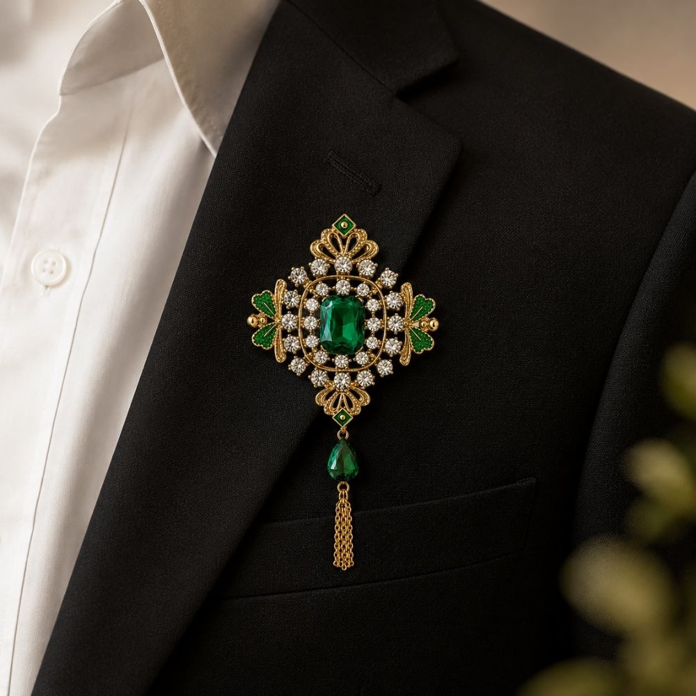 Dhriyan-Emerald-Style Crystal Royal Tassel Brooch for Men