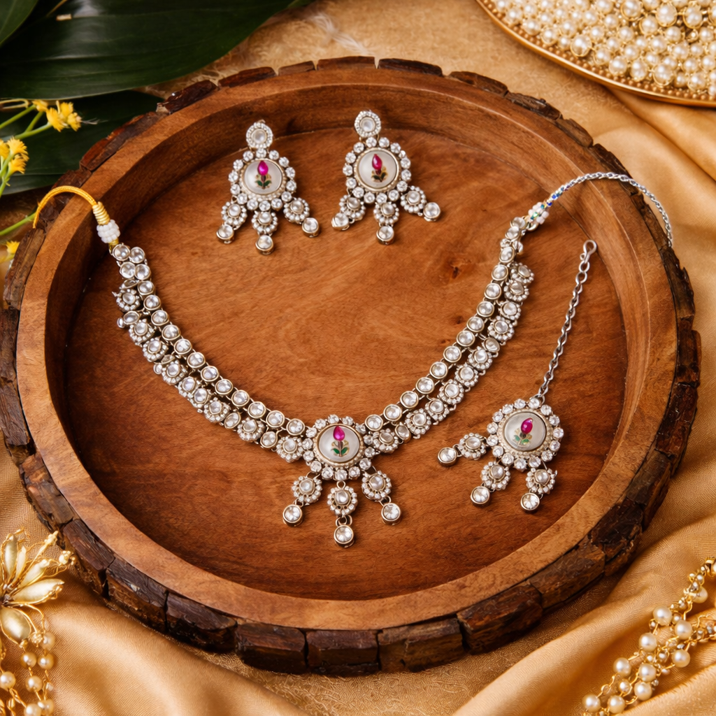 Elvira- Silver Pearl Rose Enamel Polki Kundan Necklace Set with Earrings & Maang Tikka
