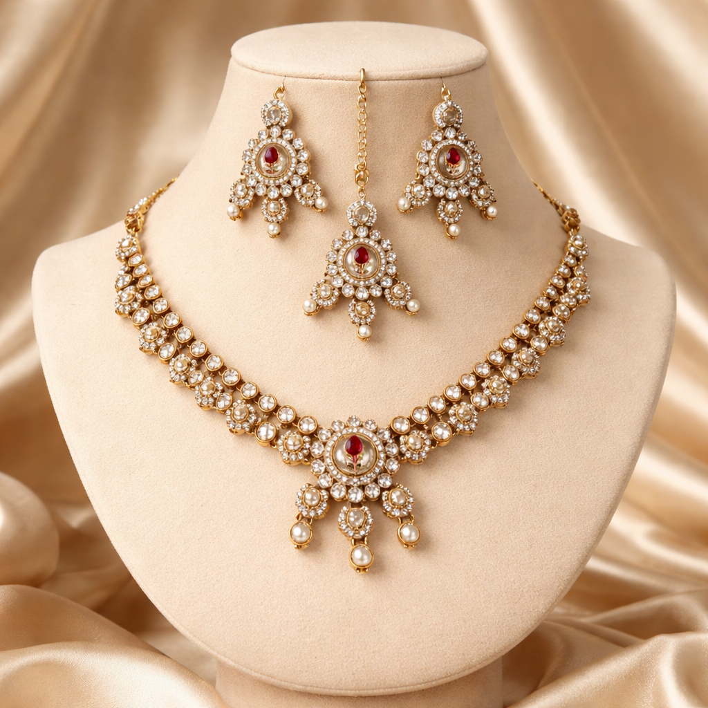 Elvira- Silver Pearl Rose Enamel Polki Kundan Necklace Set with Earrings & Maang Tikka