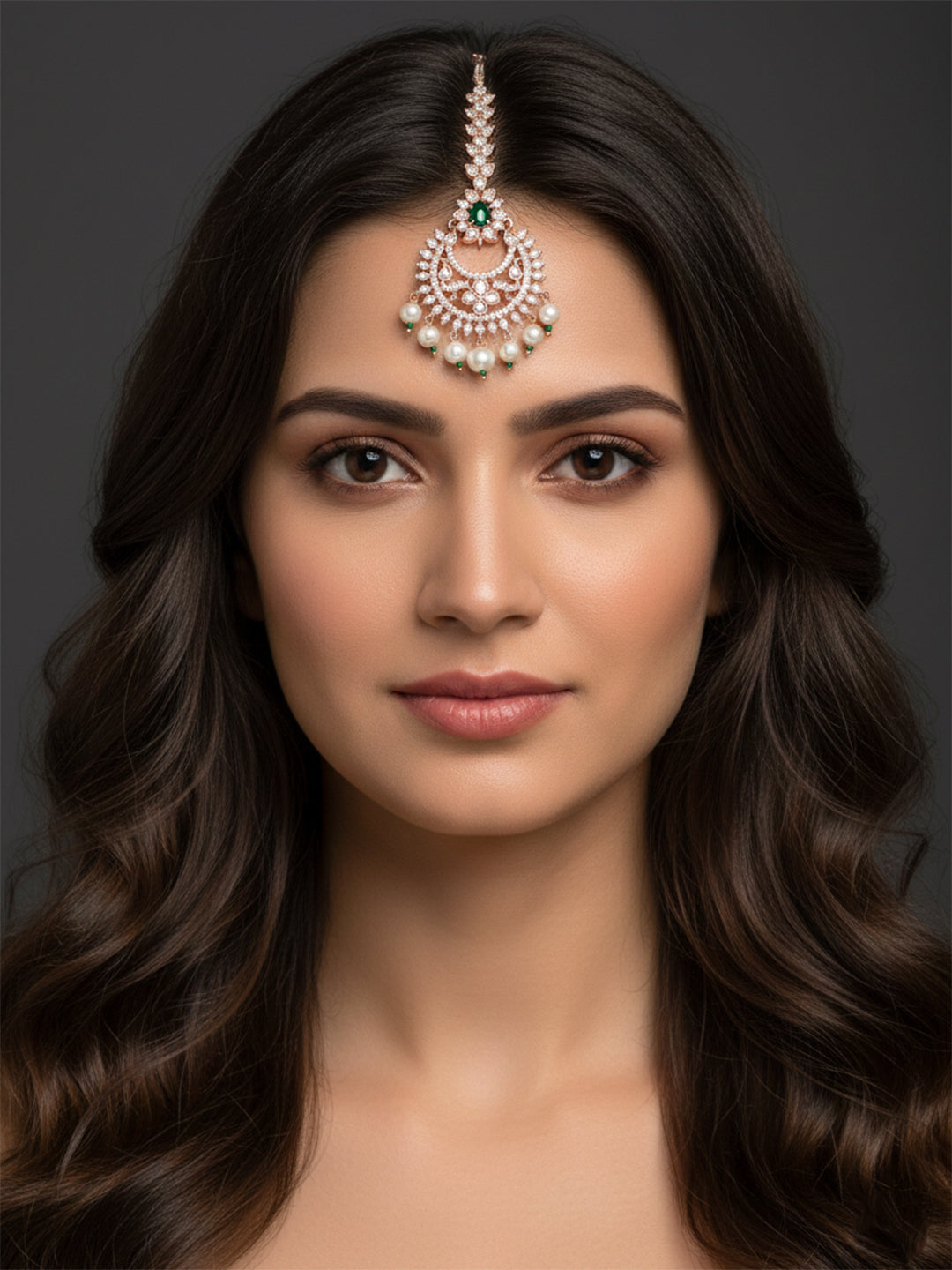 Kyra- Rose Gold Diamond & Emerald Pearl Maang Tikka