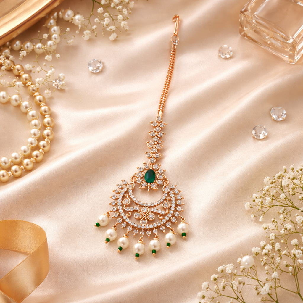 Kyra- Rose Gold Diamond & Emerald Pearl Maang Tikka