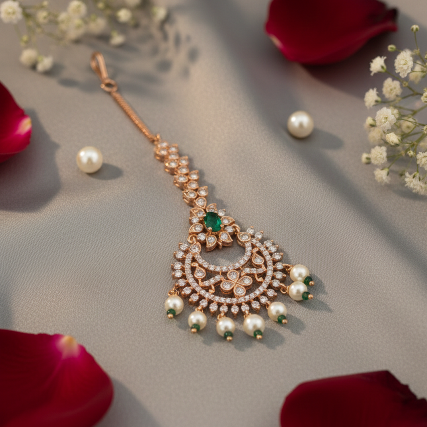 Kyra- Mint Stone Pearl Drop Maang Tikka