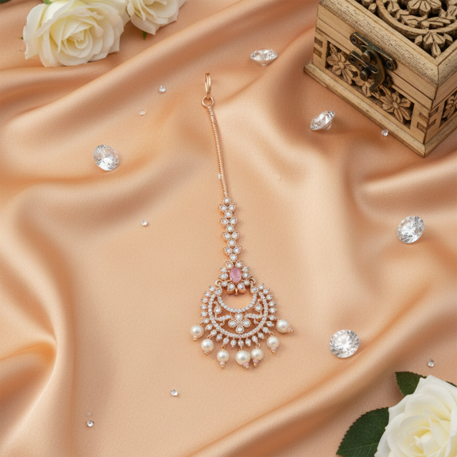 Kyra- Elegant Rose Gold Plated CZ & Pearl Maangtikka for Women