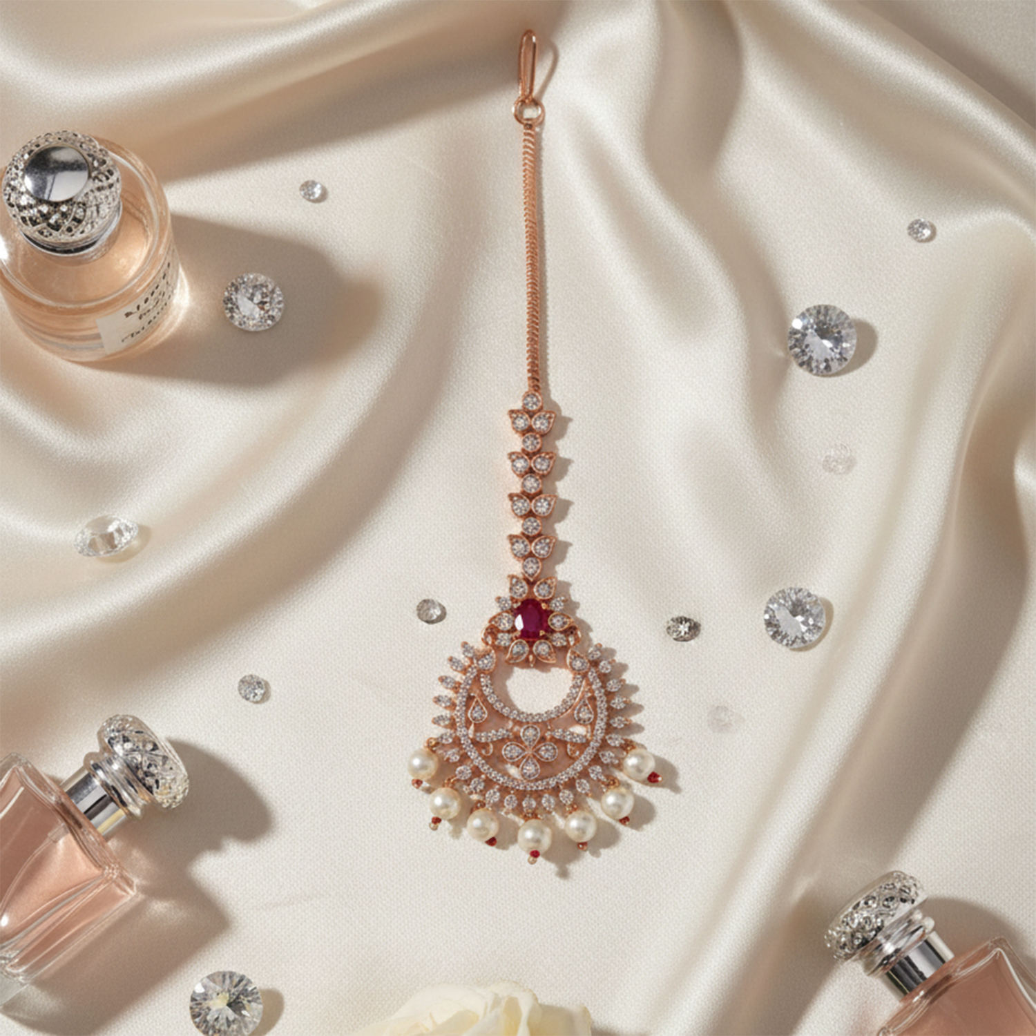 Kyra- Rose Gold Plated CZ & Ruby Tone Pearl Drop Maang Tikka