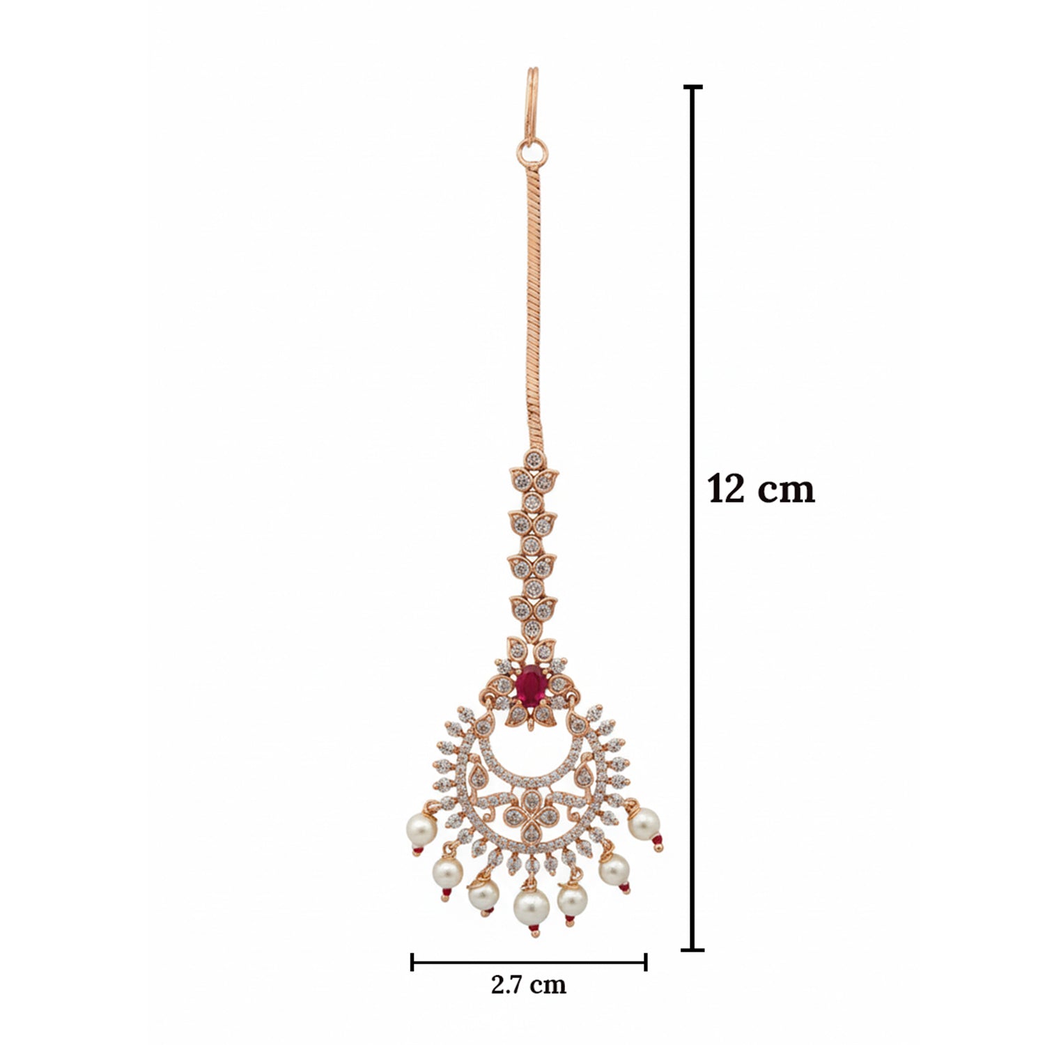 Kyra- Rose Gold Plated CZ & Ruby Tone Pearl Drop Maang Tikka