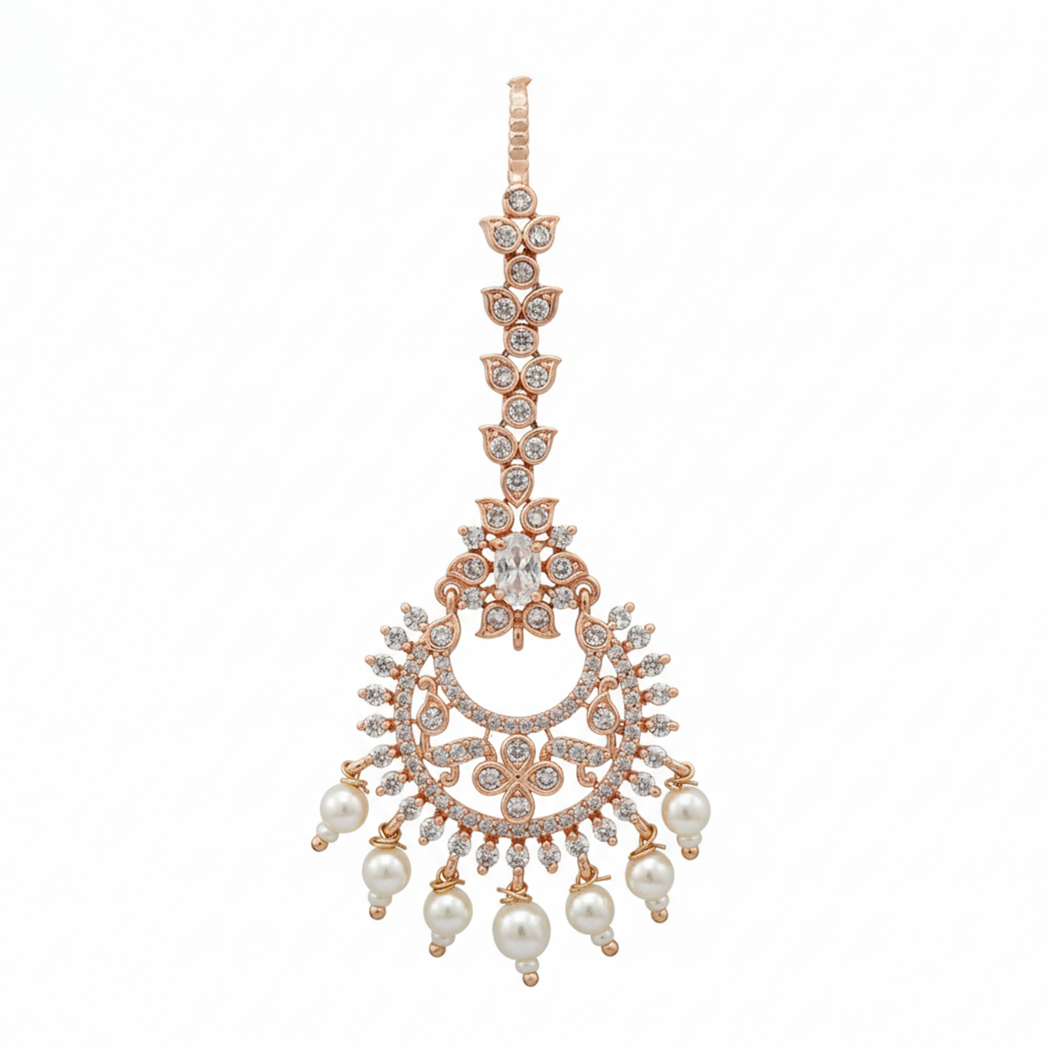 Krya- Rose Gold Plated CZ & Pearl Drop Traditional Maang Tikka