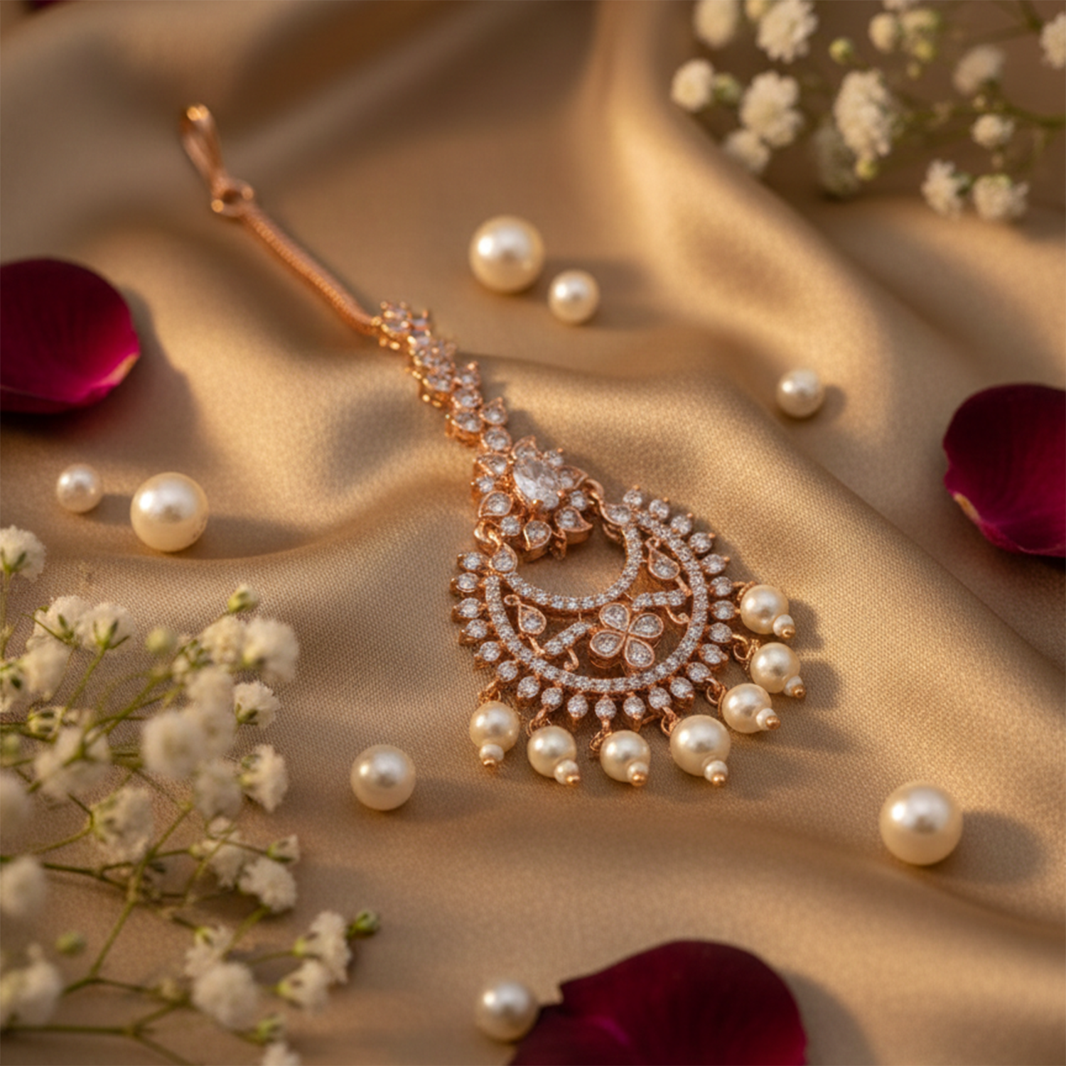 Krya- Rose Gold Plated CZ & Pearl Drop Traditional Maang Tikka