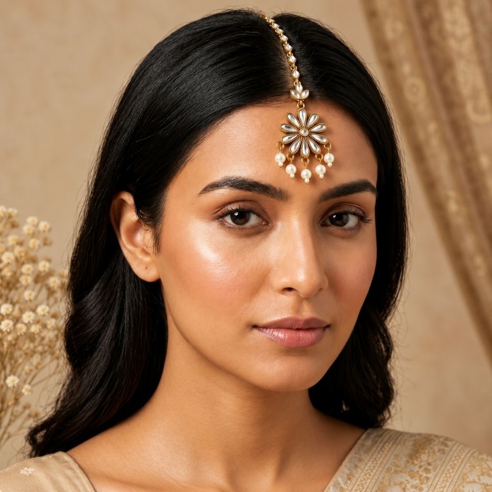 Aamani- Floral Kundan Maang Tikka with Pearl Drops