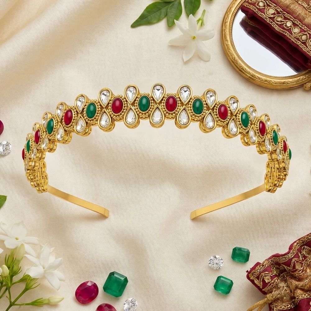 Ridhima- Kundan Style Hair Band with Simulated Ruby Emerald Stones