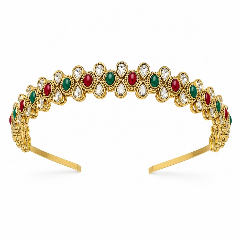 Ridhima- Kundan Style Hair Band with Simulated Ruby Emerald Stones