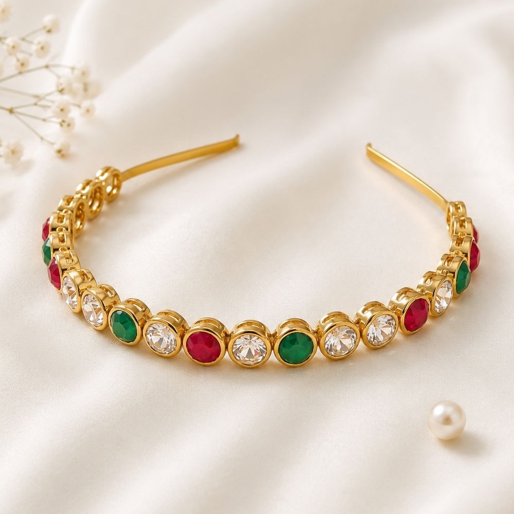 Kalini- Hair Band with Simulated Ruby Emerald and American Diamond Style Stones