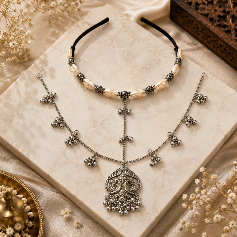 Jia- Silver Oxidised Shell Peacock Ghungroo Sheeshpatti