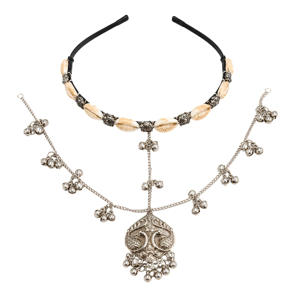 Jia- Silver Oxidised Shell Peacock Ghungroo Sheeshpatti