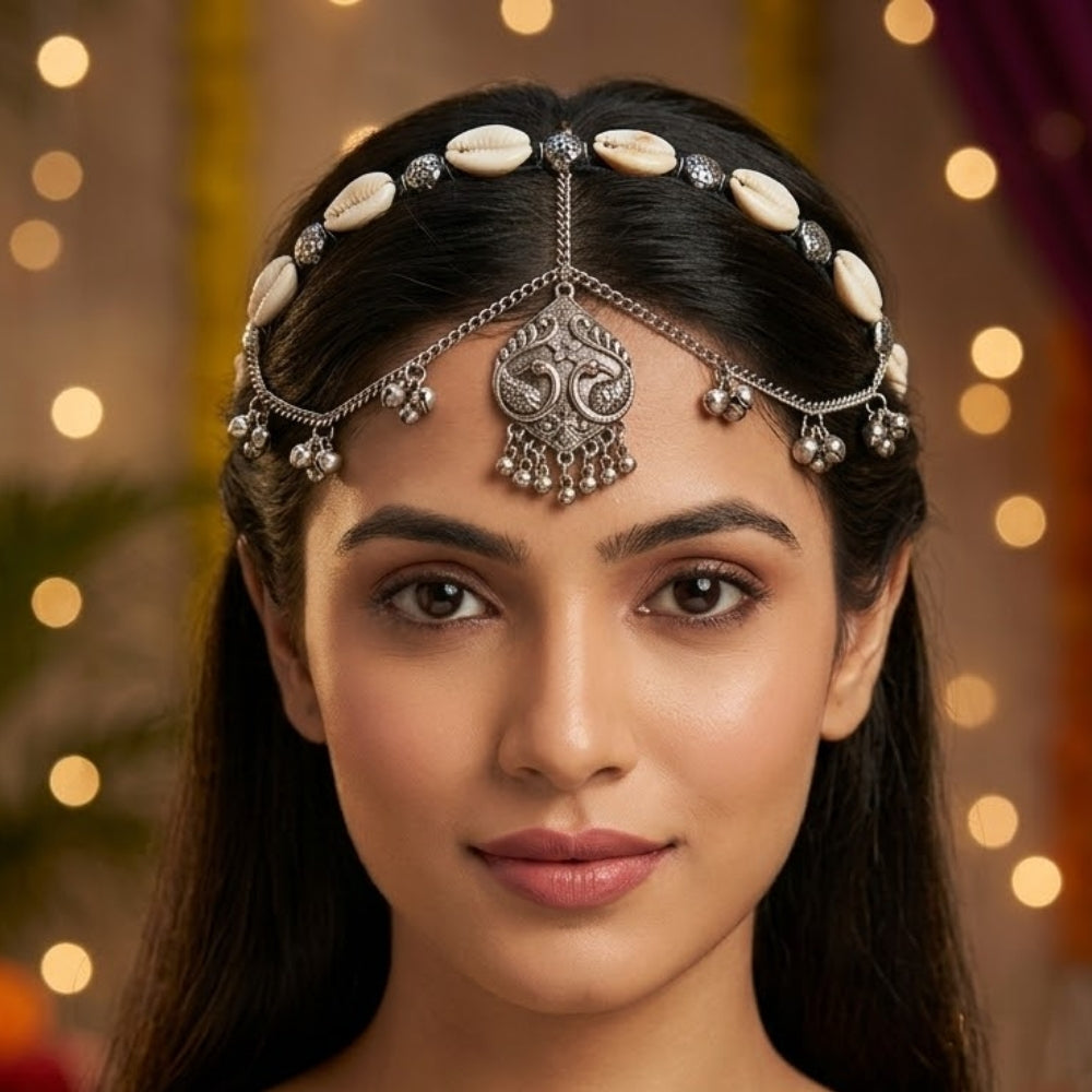 Jia- Silver Oxidised Shell Peacock Ghungroo Sheeshpatti