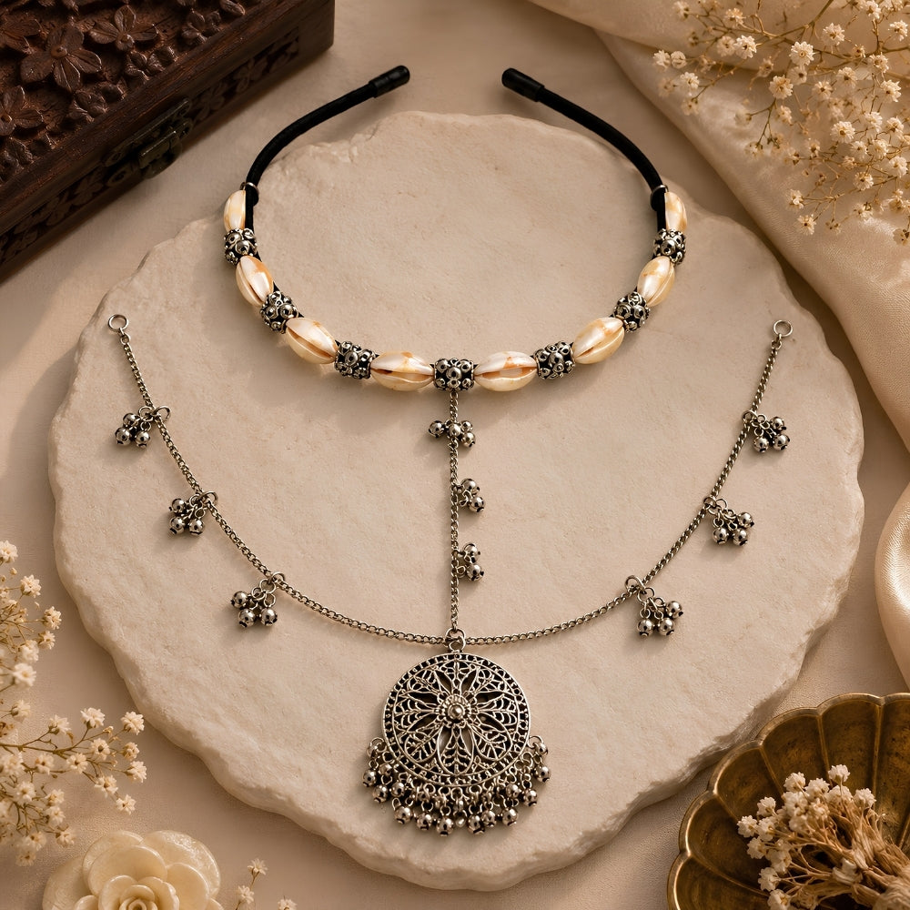 Ruvika- Silver Oxidised Shell Ghungroo Sheeshpatti for Women