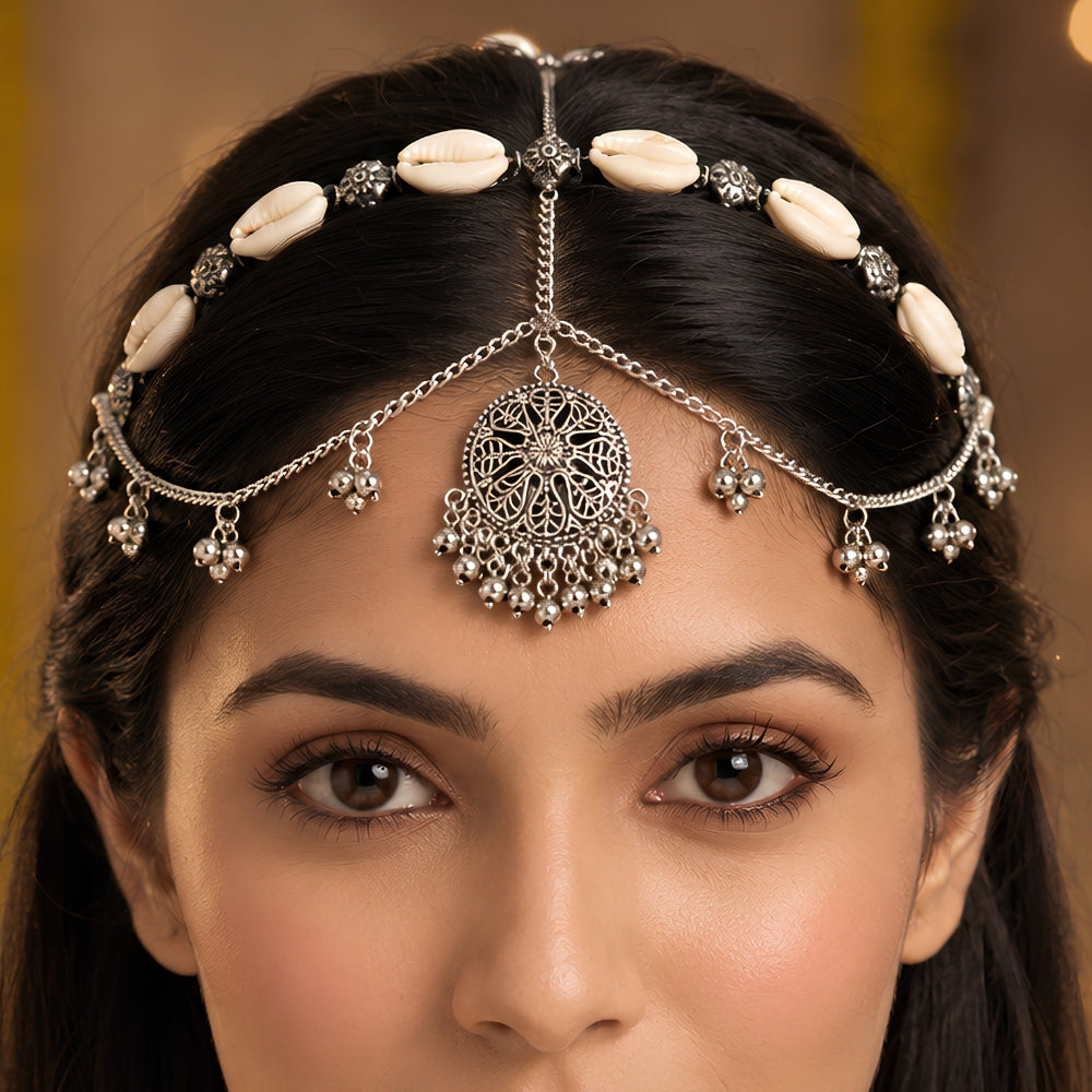 Ruvika- Silver Oxidised Shell Ghungroo Sheeshpatti for Women