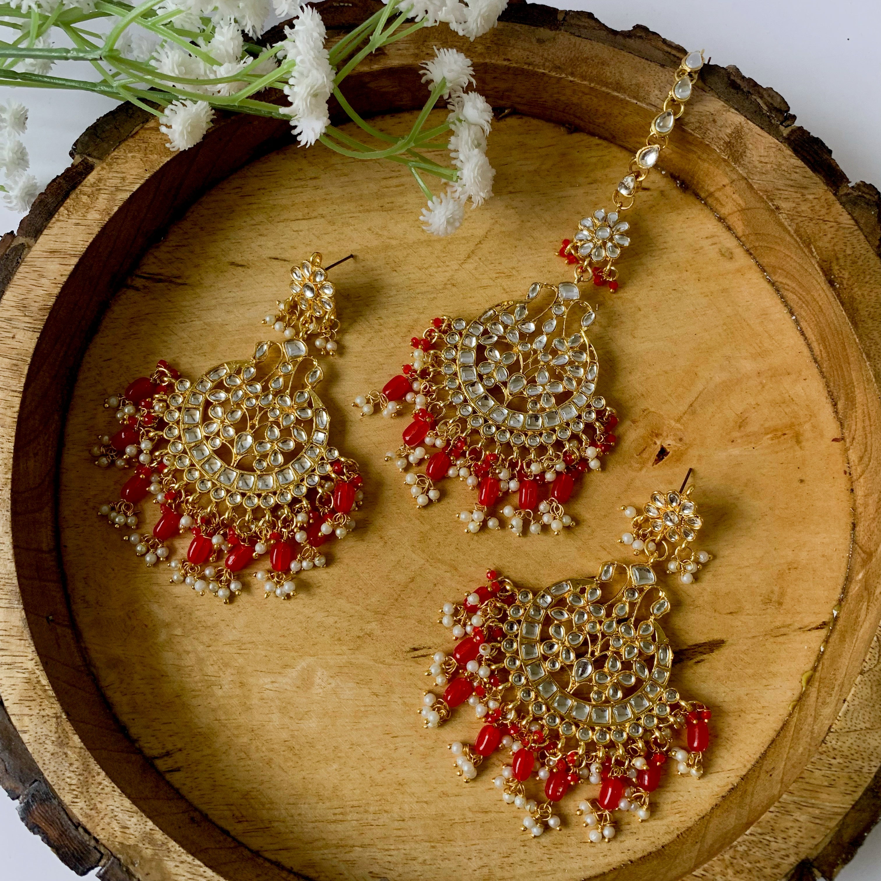 Delisha Red Maangtikka earring set
