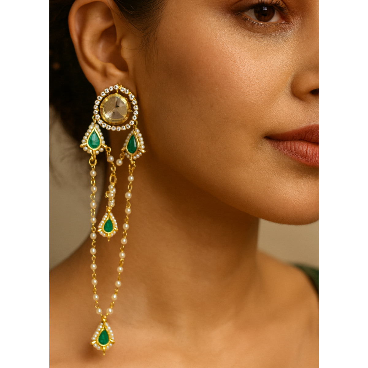 Gold Plated Kundan Earrings with Double Layer Ear Chains