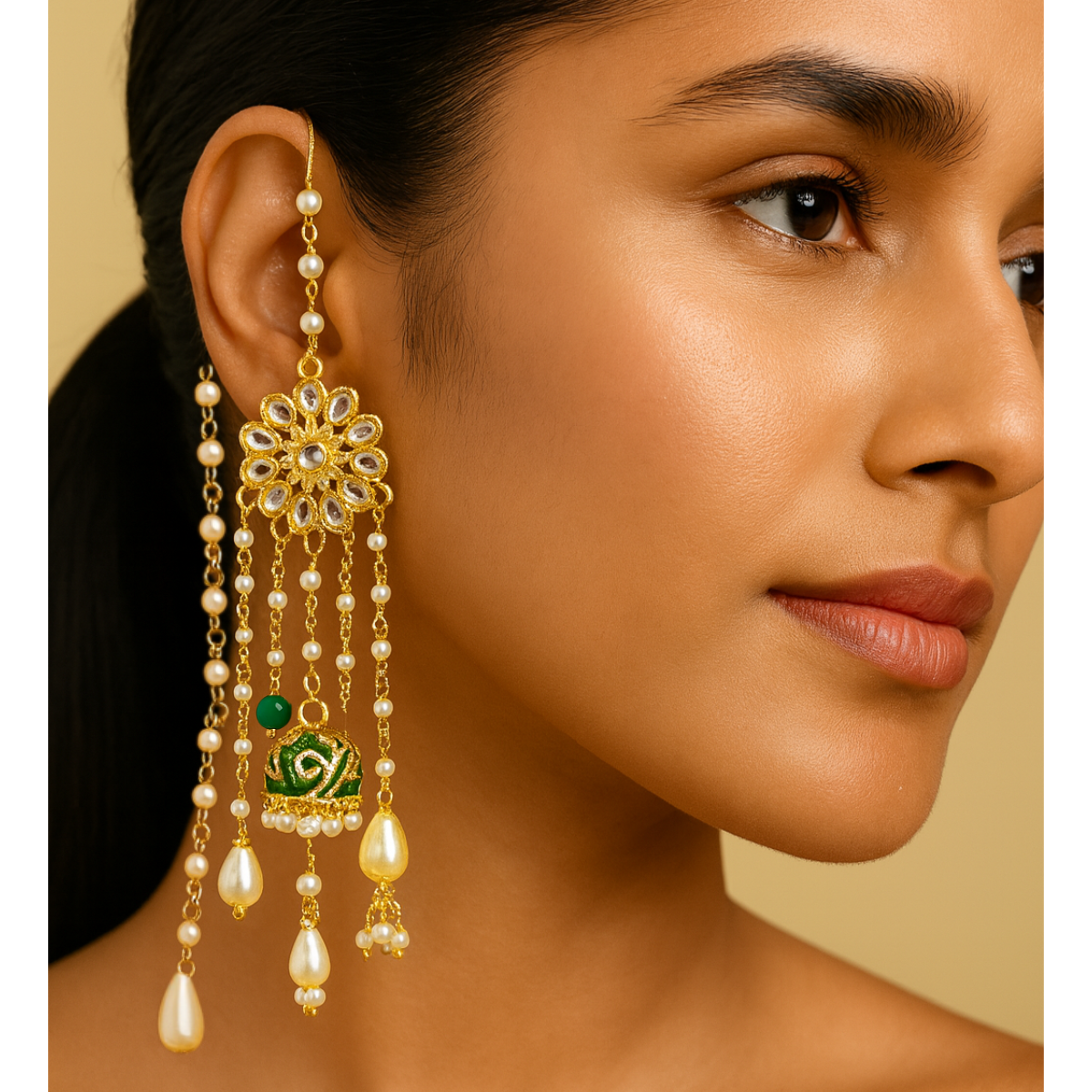 Regal Kundan Pearl String Long Earrings