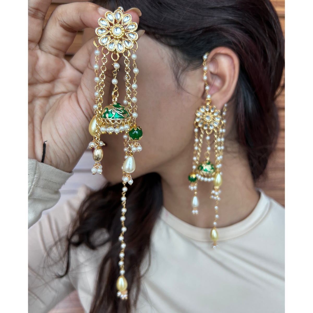 Regal Kundan Pearl String Long Earrings