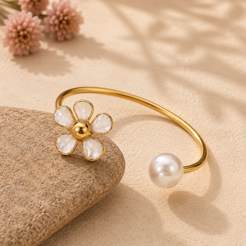 Seren- Floral Pearl Open Cuff Bracelet