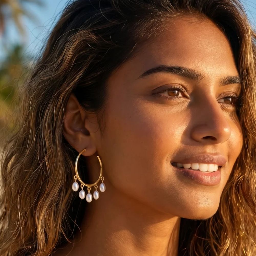 Hallie- Pearl Cascade Gold Hoop Earrings