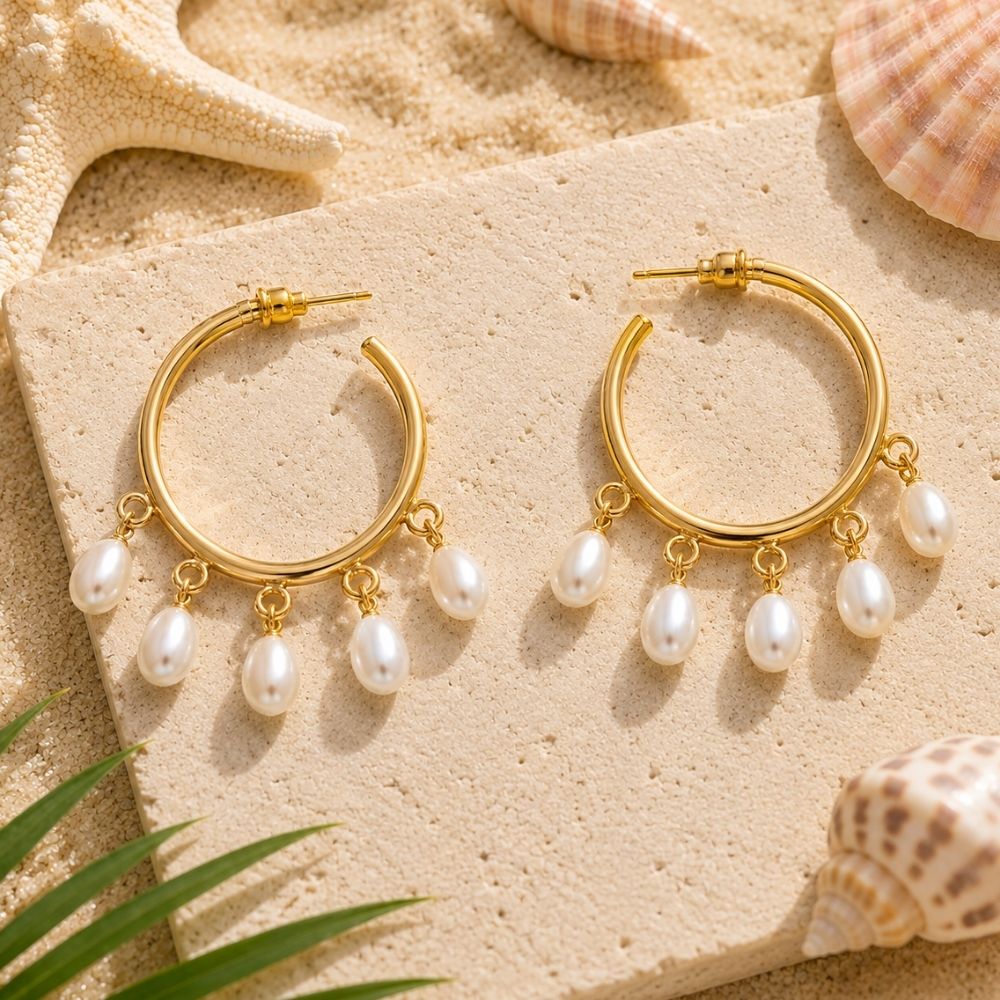 Hallie- Pearl Cascade Gold Hoop Earrings