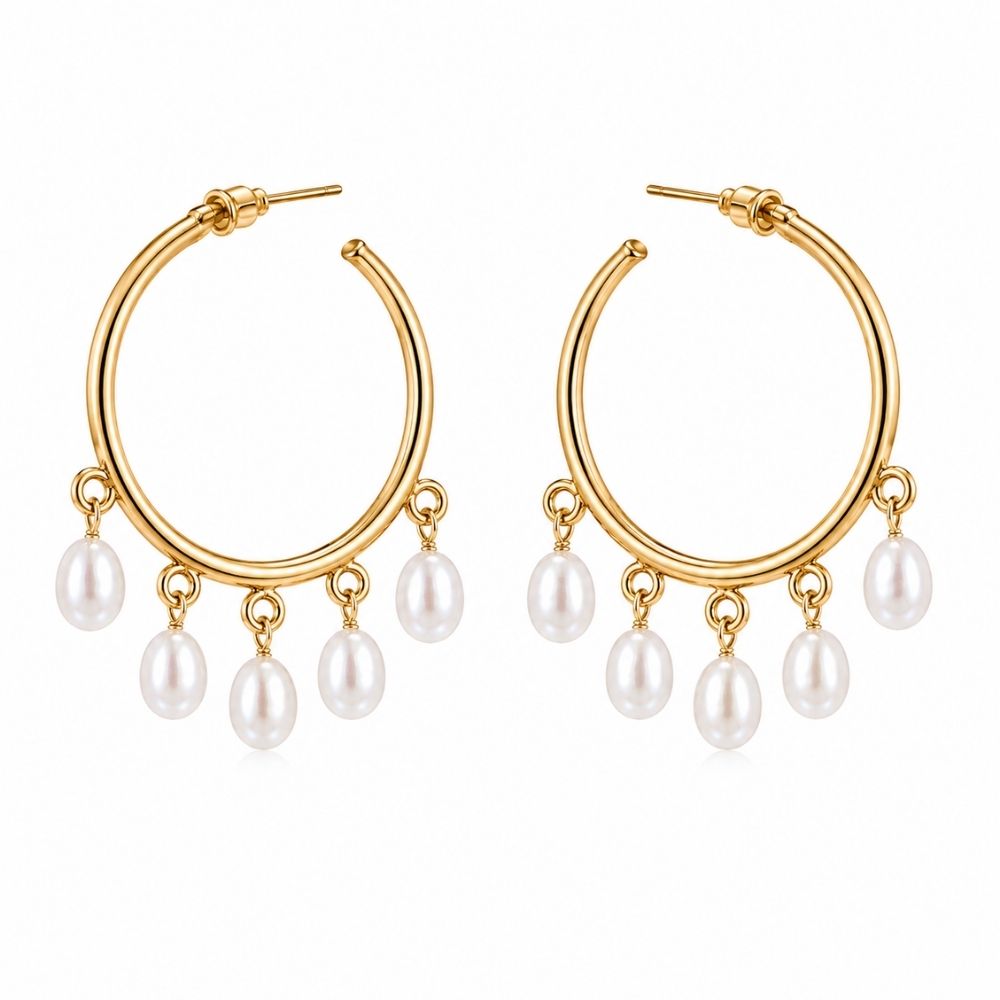 Hallie- Pearl Cascade Gold Hoop Earrings