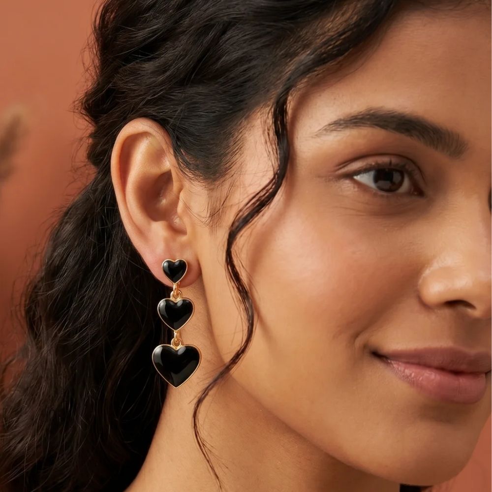 Phoebe- Black Midnight Heart Crystal Drop Earrings