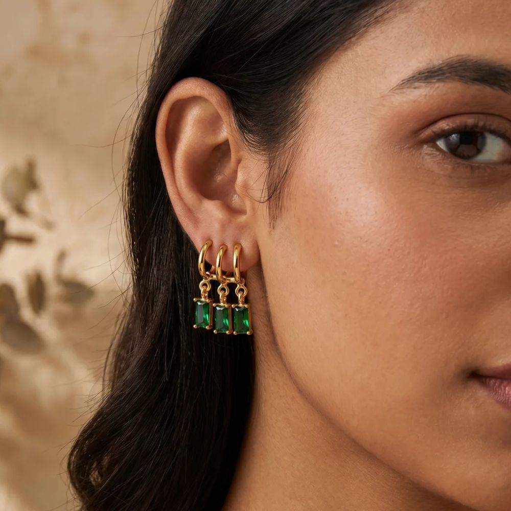 Fiza- Green Stone Triple Hoop Dangle Earrings