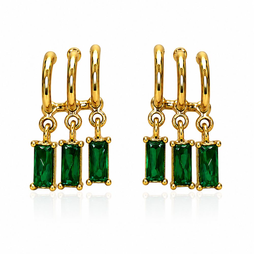 Fiza- Green Stone Triple Hoop Dangle Earrings