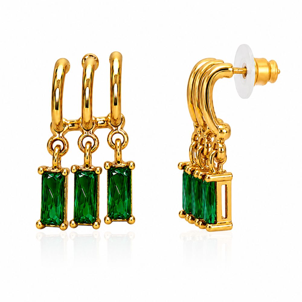 Fiza- Green Stone Triple Hoop Dangle Earrings